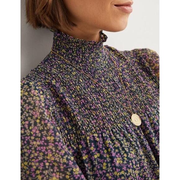 BODEN Smocked Yoke Floral Metallic Tie Waist Long Sleeve Mock Neck Dress 8 - Picture 5 of 16